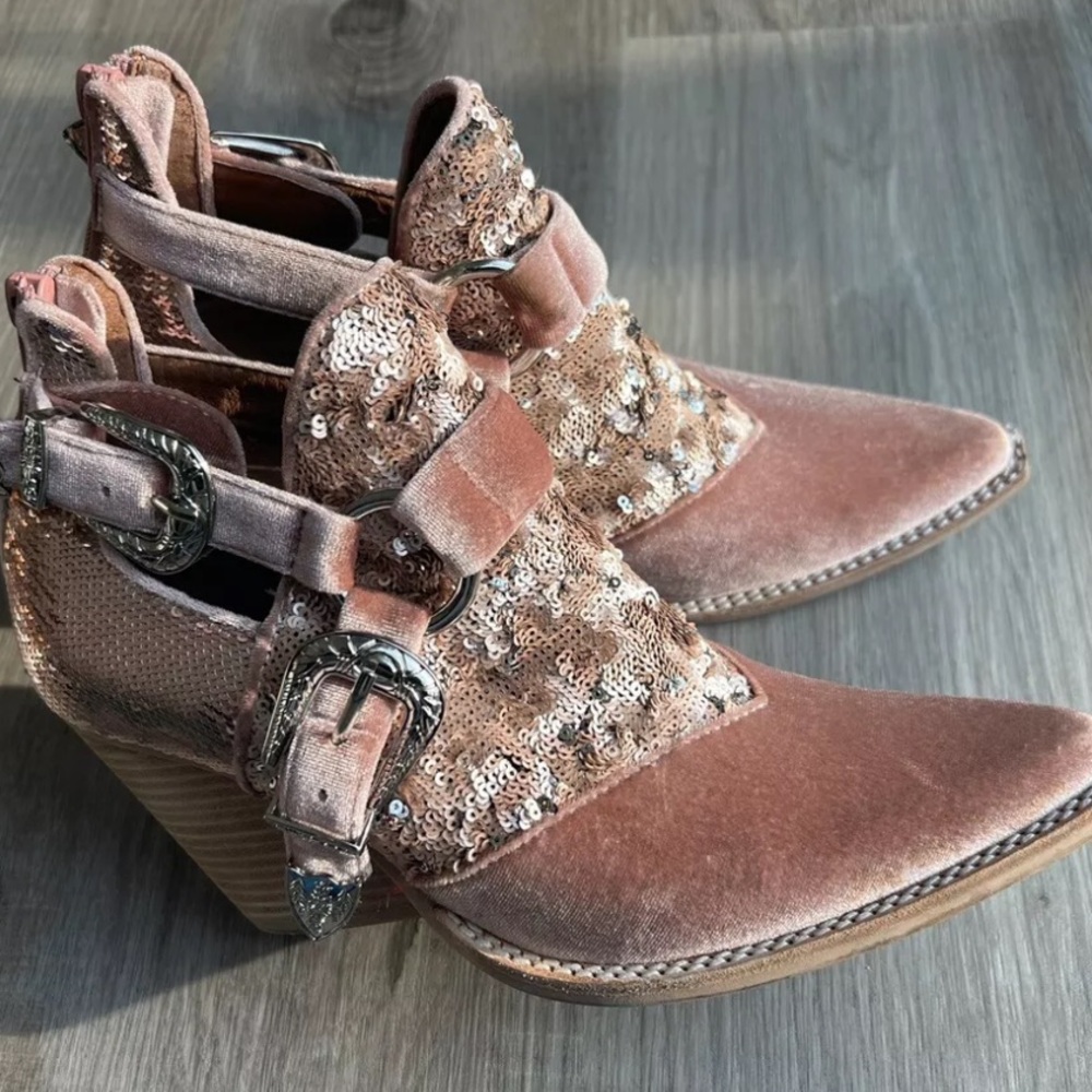 Free People x Jeffrey Campbell Pink Sequin Icon Velvet Western Cowboy Boots